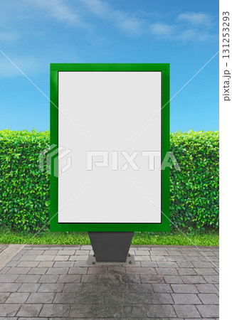Blank billboard with green frame, green bushes and sky background. Blank billboard with green frame, green bushes and sky background. 131253293