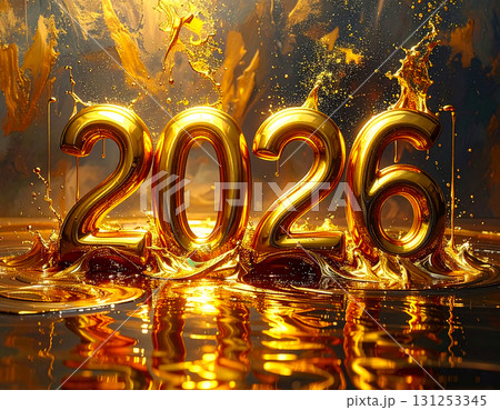 Golden liquid flow forming abstract 2026 numbers, festive New Year meaning 131253345