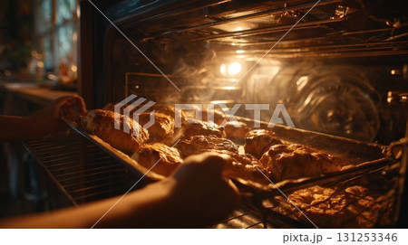 First-Person View of Hands Checking Baked Goods in Oven with Golden Crusts 131253346