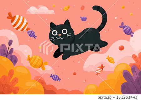 Playful Halloween Poster with Cartoon Black Cat Chasing Candy 131253443