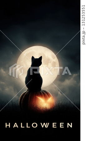 Halloween Night Flyer with Black Cat on Glowing Pumpkin and Full Moon 131253551