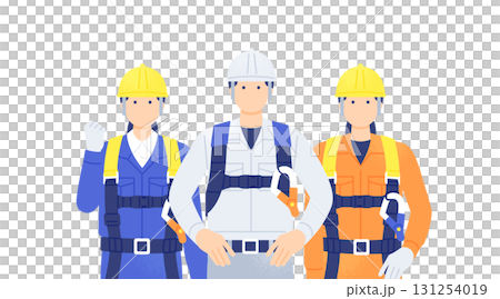 Safety measures for working at heights Illustration of a worker properly wearing a full harness type fall arrest device 131254019