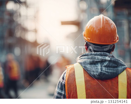 建設現場で作業を見守る作業員の後ろ姿 131254141