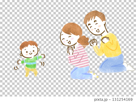 初めて歩いた子供を見て喜ぶ両親の手描きイラスト 131254169