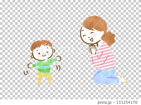 A hand-drawn illustration of a mother rejoicing at her child's first steps 131254170