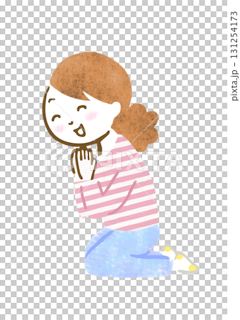 何かを見て喜んでいる女性の手描きイラスト（座位） 131254173