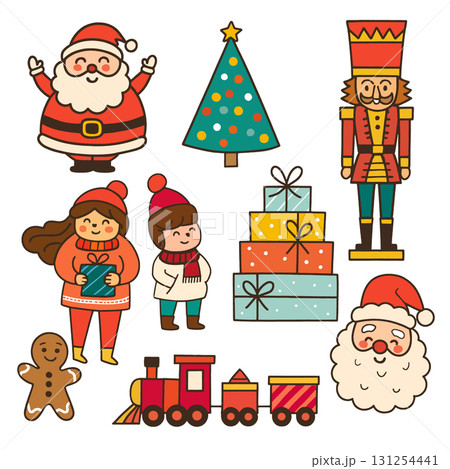 Isolated layered Christmas illustration featuring Santa, nutcracker, tree, gifts, train Isolated layered Christmas illustration featuring Santa, nutcracker, tree, gifts, train 131254441