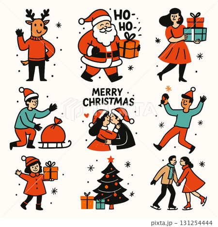 Isolated layered Christmas illustration set with separated festive characters and joyful elements Isolated layered Christmas illustration set with separated festive characters and joyful elements 131254444