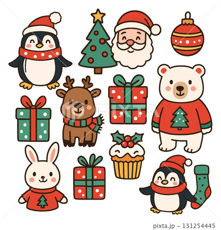 Isolated layered Christmas cartoon set with separated cute animal, Santa, gift, tree, festive joy Isolated layered Christmas cartoon set with separated cute animal, Santa, gift, tree, festive joy 131254445