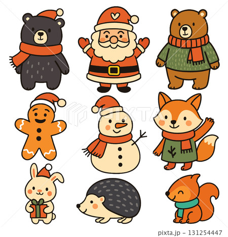 Isolated layered Christmas characters separated in cute style including bear fox Santa snowman 131254447