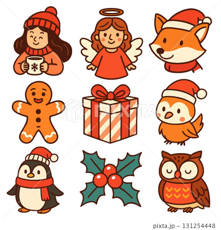 Isolated layered Christmas icons separated in cute style including animal and holiday elements 131254448