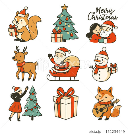 Isolated layered Christmas illustration set with separated cute fox, tree, gift, snowman 131254449