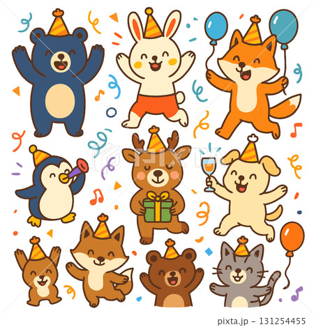 Isolated cute animal characters separated and layered festive party scene with joyful expressions 131254455