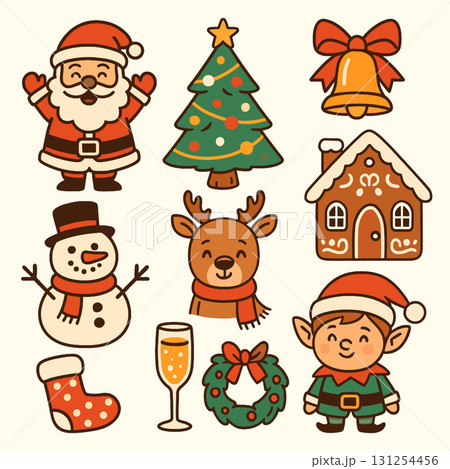 Isolated layered Christmas icons separated with cheerful expressions including Santa tree 131254456