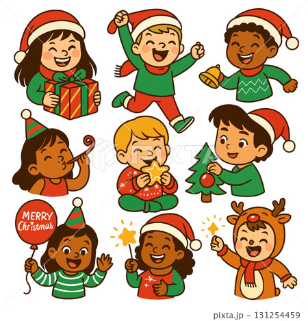Isolated children layered separated festive Christmas outfits with joyful expressions Isolated children layered separated festive Christmas outfits with joyful expressions 131254459