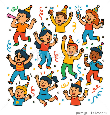 Isolated children layered in separated joyful party scene with hats and confetti celebration 131254460