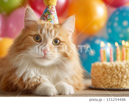 誕生日パーティーを楽しむ猫とケーキ 誕生日パーティーを楽しむ猫とケーキ 131254486