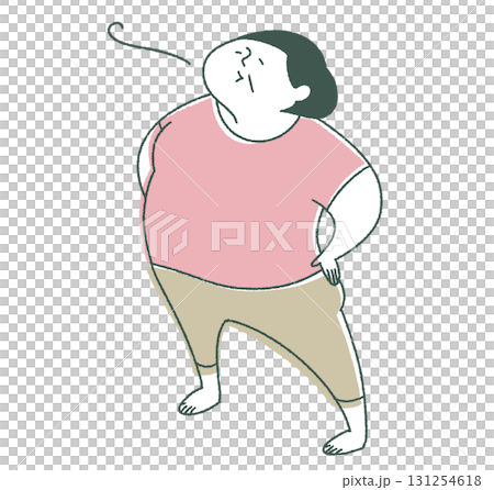 手を腰に当てて体を反らす高齢女性_左向き 手を腰に当てて体を反らす高齢女性_左向き 131254618