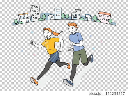 微笑的男人和女人在城市中奔跑 131255227