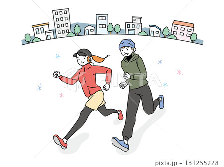 街なかをランニングする笑顔の男女 131255228