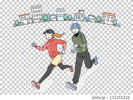 街なかをランニングする笑顔の男女 131255228