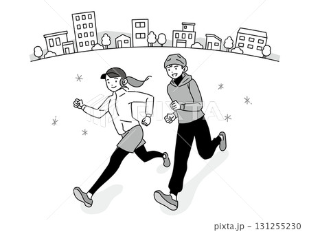 街なかをランニングする笑顔の男女 131255230