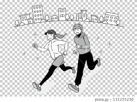 街なかをランニングする笑顔の男女 131255230