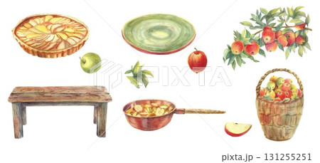 Apple pie, branch with ripe fruits green leaves, wooden table, copper pan with jam, basket with green, red apples harvest. Watercolor clip art big set. Illustration for cafe menu, advertising, banners Apple pie, branch with ripe fruits green leaves, wooden table, copper pan with jam, basket with green, red apples harvest. Watercolor clip art big set. Illustration for cafe menu, advertising, banners 131255251