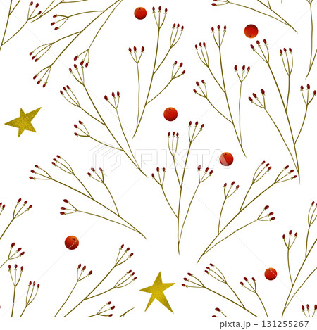 Golden stars, rose hip berries on branches in seamless pattern. Illustration hand drawn. For Christmas and New Year presents, holiday decoration, sticker packs banner, greeting cards and clip art. Golden stars, rose hip berries on branches in seamless pattern. Illustration hand drawn. For Christmas and New Year presents, holiday decoration, sticker packs banner, greeting cards and clip art. 131255267
