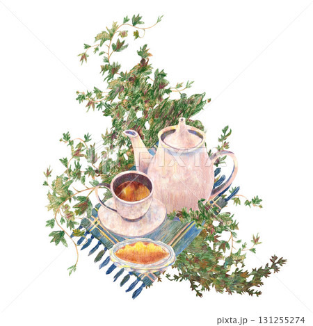 Vintage teapot and pink cup with plate, pie on glass crystal jar, blue checkered napkin, green ivy. Watercolor postcard. For tea party, vintage kitchen table setting, menu design clip art. Vintage teapot and pink cup with plate, pie on glass crystal jar, blue checkered napkin, green ivy. Watercolor postcard. For tea party, vintage kitchen table setting, menu design clip art. 131255274
