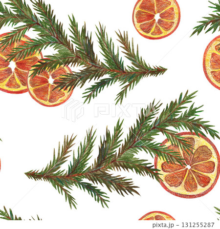 Seamless pattern with spruce branches, dried orange slices. Watercolor illustration. For various magazines, retro vintage Christmas books and holiday designs, banners and greeting cards, clip art Seamless pattern with spruce branches, dried orange slices. Watercolor illustration. For various magazines, retro vintage Christmas books and holiday designs, banners and greeting cards, clip art 131255287
