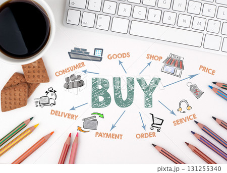 BUY Concept. Chart with keywords and icons. White office desk 131255340