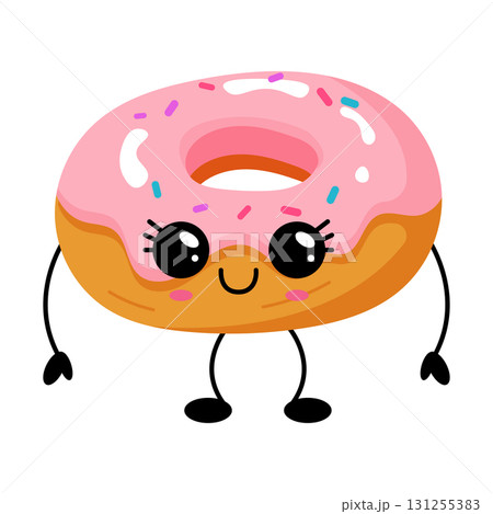 Happy kawaii pink donut character with sprinkles Happy kawaii pink donut character with sprinkles 131255383
