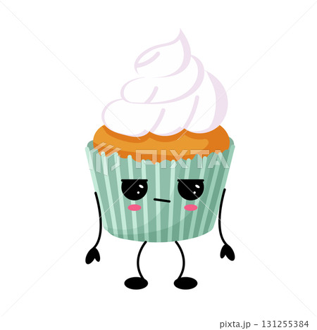 Grumpy kawaii muffin character with cream topping Grumpy kawaii muffin character with cream topping 131255384