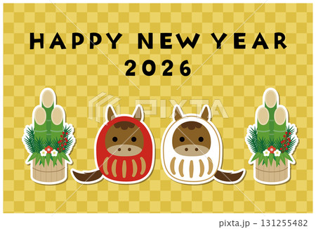 馬だるまと門松の年賀状,背景は金色の市松模様(2026年) 馬だるまと門松の年賀状,背景は金色の市松模様(2026年) 131255482