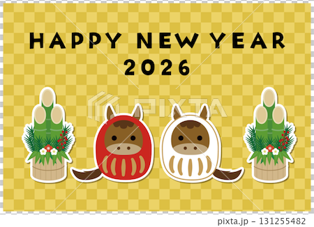 馬だるまと門松の年賀状,背景は金色の市松模様(2026年) 馬だるまと門松の年賀状,背景は金色の市松模様(2026年) 131255482