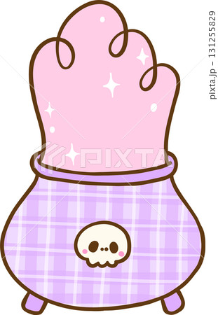 Cute Coquette Gingham Halloween, Plaid Cauldron with Skull Illustration Hand Drawn 131255829