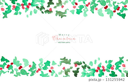 水彩画。水彩タッチの12月のクリスマスリース。ヒイラギのクリスマスベクターイラスト。 131255942