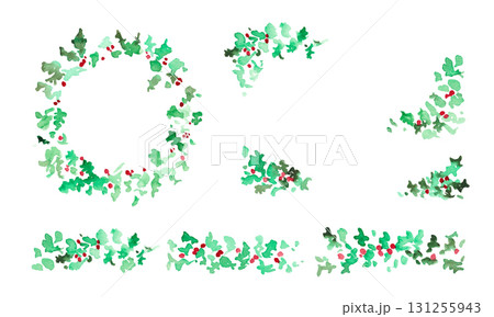 水彩画。水彩タッチの12月のクリスマスリース。ヒイラギのクリスマスベクターイラスト。 131255943