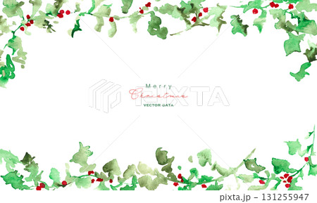 水彩画。水彩タッチの12月のクリスマスリース。ヒイラギのクリスマスベクターイラスト。 131255947