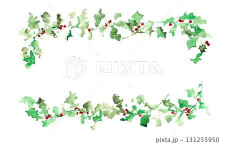 水彩画。水彩タッチの12月のクリスマスリース。ヒイラギのクリスマスベクターイラスト。 131255950