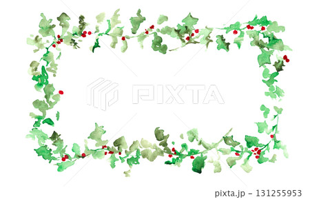 水彩画。水彩タッチの12月のクリスマスリース。ヒイラギのクリスマスベクターイラスト。 131255953