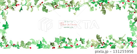 水彩画。水彩タッチの12月のクリスマスリース。ヒイラギのクリスマスベクターイラスト。 131255956