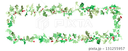 水彩画。水彩タッチの12月のクリスマスリース。ヒイラギのクリスマスベクターイラスト。 131255957