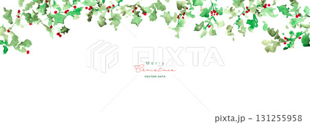 水彩画。水彩タッチの12月のクリスマスリース。ヒイラギのクリスマスベクターイラスト。 131255958