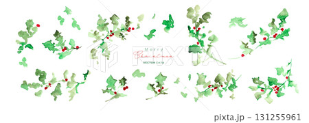 水彩画。水彩タッチの12月のクリスマスリース。ヒイラギのクリスマスベクターイラスト。 131255961