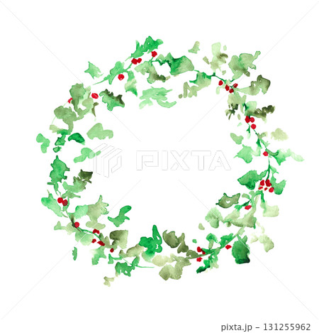 水彩画。水彩タッチの12月のクリスマスリース。ヒイラギのクリスマスベクターイラスト。 131255962