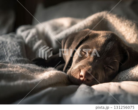 ブランケットに包まれて眠る黒い子犬 131256075