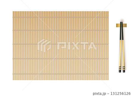 Bamboo sushi mat for table. Japanese bamboo sushi roller. Kitchen utensil for maki making. Vector 131256126