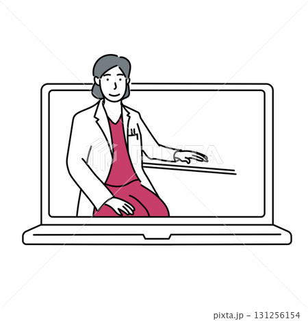 イラスト素材: オンライン診療を行う医師とノートパソコン イラスト素材: オンライン診療を行う医師とノートパソコン 131256154